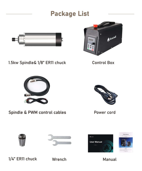 1.5KW CNC Spindle Motor Kit SP-15A With Adjustable Speed 0-24000 RPM, 65mm Air Cooled VFD Spindle With ER11 Collets For CNC Router Machine, Plug And Play Setup, Emergency Stop, High Torque, Smooth Operation
