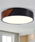 Sleek Modern Black Flush Mount Ceiling Light With 2 Lights, Mid Century Round Wood Accent Fixture, installed on ceiling