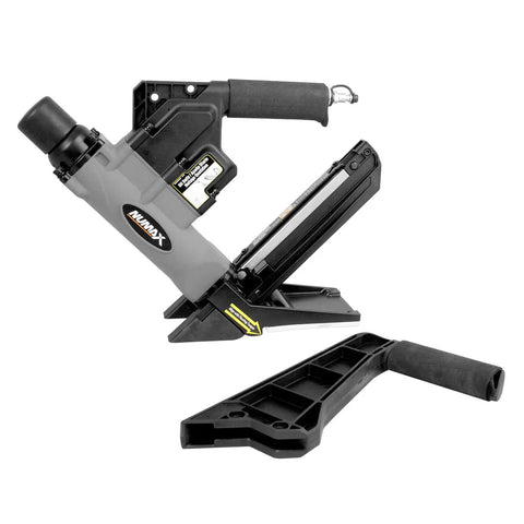 2-In-1 Pneumatic Flooring Nailer And Stapler With Dual Handles and interchangeable base plates displayed