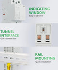 Heavy Duty 63A Two Pole Din Rail Contactor With 24V Ac Dc Coil showing indicating window, tunnel interface, and rail mounting features.