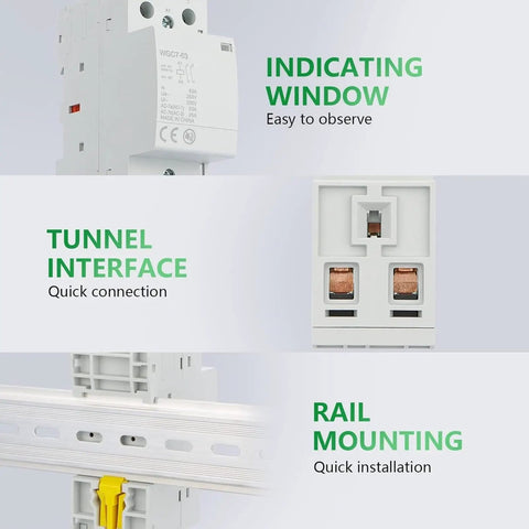 Heavy Duty 63A Two Pole Din Rail Contactor With 24V Ac Dc Coil showing indicating window, tunnel interface, and rail mounting features.