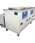 Heavy Duty 61L Three Tank Ultrasonic Cleaner With Hot Air Drying And Oil Skimmer For Industrial Metal Parts Cleaning System Rinsing Workstation 220V side view showing stainless steel design and control panel.