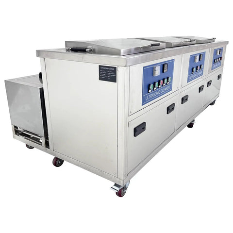 Heavy Duty 61L Three Tank Ultrasonic Cleaner With Hot Air Drying And Oil Skimmer For Industrial Metal Parts Cleaning System Rinsing Workstation 220V side view showing stainless steel design and control panel.