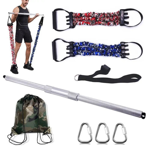 Aluminum Alloy Pilates Bar With Rubber Resistance Bands Door Anchor showing full workout set and accessories.