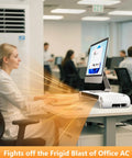 Desk Space Heater 330W 2-In-1 Desk Top Heater And Monitor Stand with USB seen in office, warming user while supporting monitor.