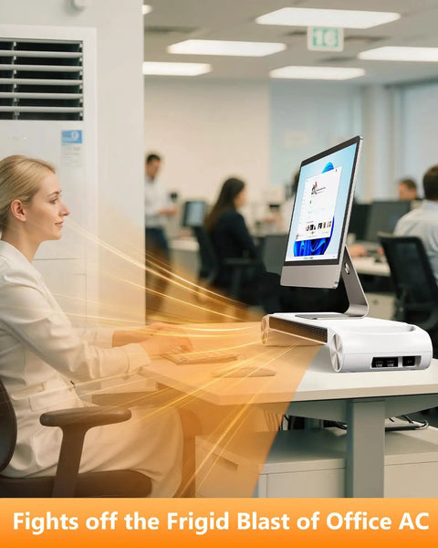 Desk Space Heater 330W 2-In-1 Desk Top Heater And Monitor Stand with USB seen in office, warming user while supporting monitor.