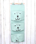 Three Pocket Wall Mounted Closet Organizer Hanging Storage For Clothes Tissue Socks Small Essentials Super Tough Cotton Linen Fabric, bear design.