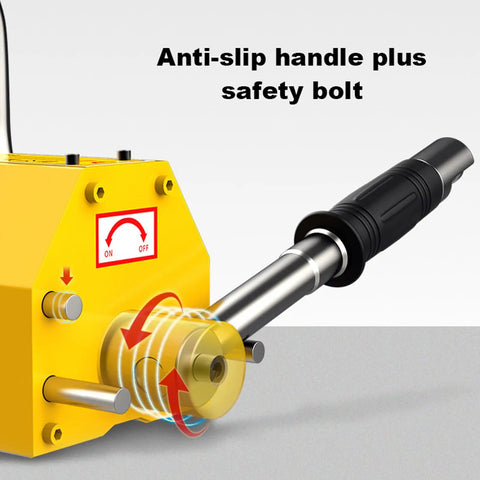 Close-up of Bulletproof Heavy Duty Magnetic Lifter With Quick Release Lever, showcasing the anti-slip handle and safety bolt.