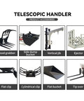 Heavy Duty Four Wheel Drive Telescopic Handler Forklift With Smart Cooling And Butter Smooth Transmission For Tough Industrial Jobs Auto Leveling Electro Hydraulic Telehandler Machine accessories including wood grabber and side dump bucket.