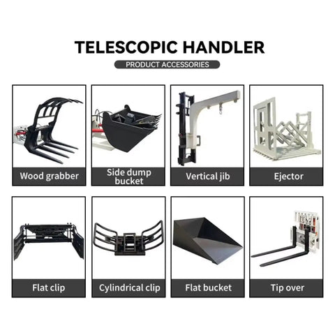Heavy Duty Four Wheel Drive Telescopic Handler Forklift With Smart Cooling And Butter Smooth Transmission For Tough Industrial Jobs Auto Leveling Electro Hydraulic Telehandler Machine accessories including wood grabber and side dump bucket.