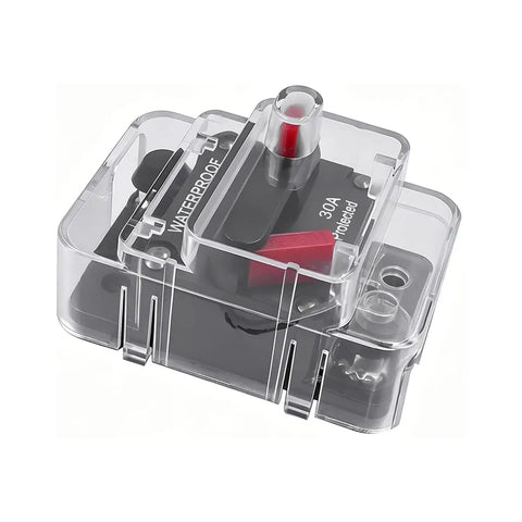 High Octane 30 Amp Manual Reset Circuit Breaker Rated For 12V To 48V DC Circuits with waterproof casing and red switch.