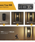 Motion Sensor Outdoor Wall Light Dusk To Dawn Black Square Exterior Lantern For Porch And Garage Three Mode Setting With Easy Adjustable Panel Modern Wall Mount Lights Bulb Not Included showing brightness modes and motion detection.