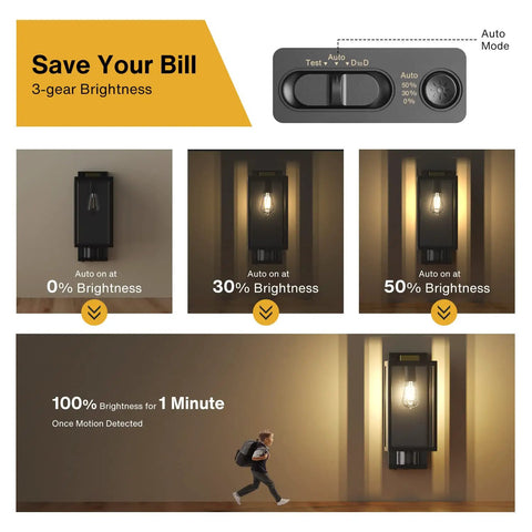 Motion Sensor Outdoor Wall Light Dusk To Dawn Black Square Exterior Lantern For Porch And Garage Three Mode Setting With Easy Adjustable Panel Modern Wall Mount Lights Bulb Not Included showing brightness modes and motion detection.