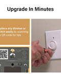 Pro Level 150 Watt Toggle LED Dimmer Switch For Smooth Flicker Free Lighting And Big Time Brightness Control With Slick Brown Wall Plate And Zero Fuss Setup installation tips with QR code and hand turning knob.