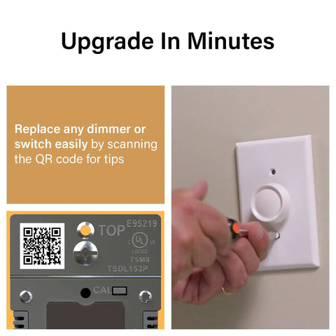 Pro Level 150 Watt Toggle LED Dimmer Switch For Smooth Flicker Free Lighting And Big Time Brightness Control With Slick Brown Wall Plate And Zero Fuss Setup installation tips with QR code and hand turning knob.