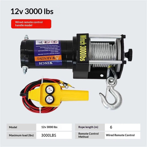 Heavy Duty 12V Electric Hoist Winch For Car ATV Boat With 3500 LBS Pulling Capacity Synthetic Rope Waterproof Offroad Recovery Gear And Workshop Tool with wired remote control.