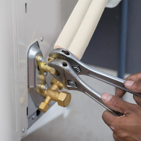 Person installing pipe insulation foam tube for copper pipes one quarter inch and three eighth inch OD 9.84 feet long white pink.