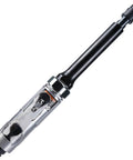 Heavy Duty Rig Ready 5 Inch Extended Air Die Grinder With Rear Exhaust and Dual Collet For Deep Cavity Porting Polishing and Deburring High Performance Pneumatic Tool in silver and black.