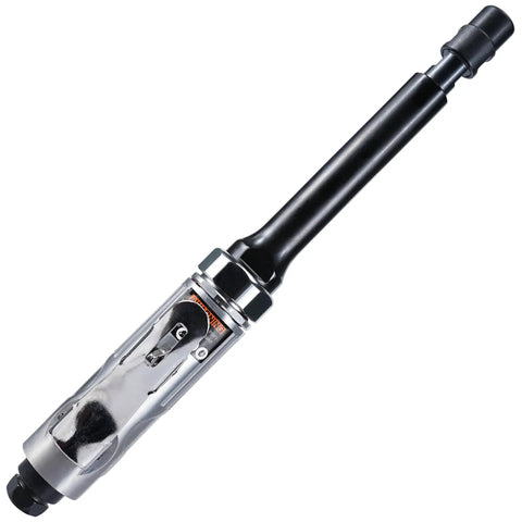 Heavy Duty Rig Ready 5 Inch Extended Air Die Grinder With Rear Exhaust and Dual Collet For Deep Cavity Porting Polishing and Deburring High Performance Pneumatic Tool in silver and black.
