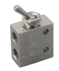 2 Position 3 Way Mechanical Pneumatic Valve 2-31V With Toggle Lever, silver-tone metal body, close-up view