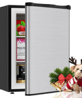 Compact 3.0 Cubic Foot Upright Freezer With Seven Adjustable Temperature Controls And A Sleek Silver Design, open showing items inside.