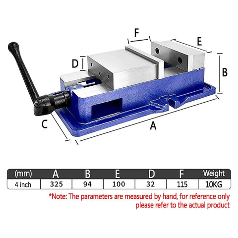 Top Shelf Badass 4 Inch Precision Milling Vise For Cnc And Drill Press with dimensions label and adjustable handle.