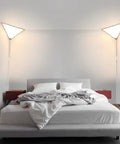 Triangle Corner Light With Switch, Plug In Ceiling Lamp For Living Room And Bedroom next to bed in modern room