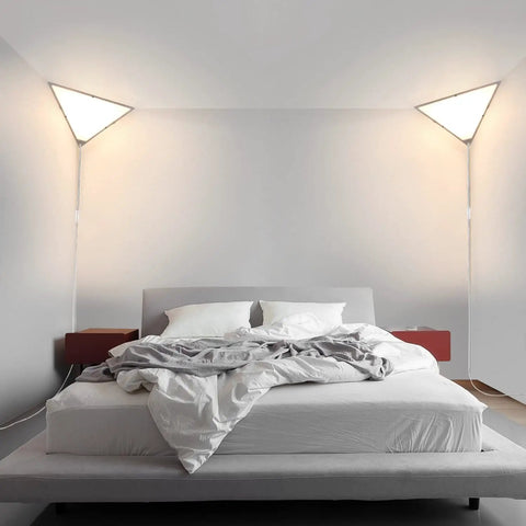 Triangle Corner Light With Switch, Plug In Ceiling Lamp For Living Room And Bedroom next to bed in modern room