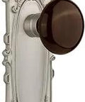 Victorian Brass Door Plate With Brown Porcelain Knob For Passage Non Locking Complete Two Side Set For One Door Two And Three Quarters Inch Backset Satin Nickel Finish Solid Forged Brass Plates With Brown Porcelain Knobs Vintage Vibe