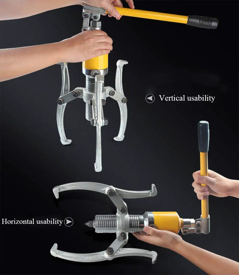 Heavy Duty 50 Ton Hydraulic Bearing Puller And Three Jaw Gear Separator shown in vertical and horizontal usability angles.