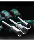 Premium Hex Socket Wrench Set Rocking Heavy Duty Steel Core, includes various hex socket sizes for home fixes and repairs.