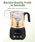 No Sweat Electric Milk Steamer And Frother Game Changer For Coffee Lovers, 600W, glass and plastic frother with swirling foam.
