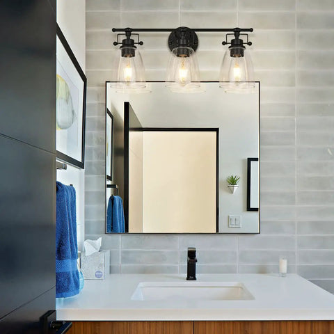 Dope 3-Light Modern Black Vanity Light Fixture With Seeded Glass Shade And Metal Base over bathroom mirror
