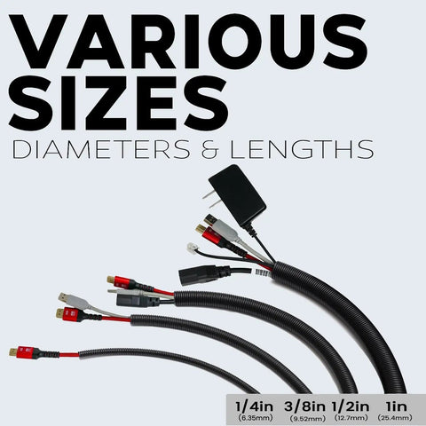 3-Pack Split Wire Loom Tubing Kit, 1/4in, 1/2in, And 3/4in Convoluted Tubing, 20 Ft Each, Black, various cable sizes shown