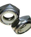 Built Tough Stainless Steel Nylon Jam Nuts 3/8-16 showing two half height hex shape nuts with rust resistance.