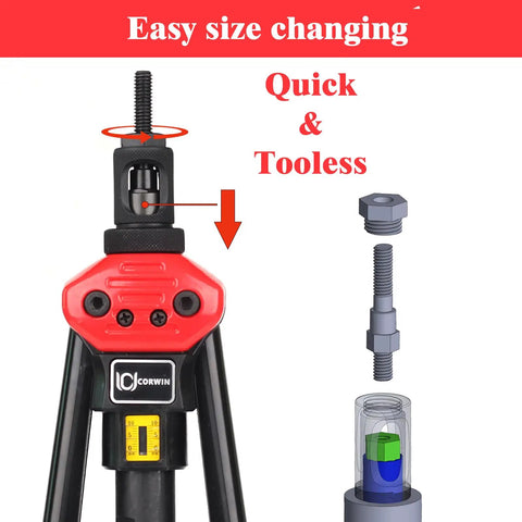 Close-up of Extra Long Mandrel Rivet Nut Tool Kit showing tooless size change feature and components