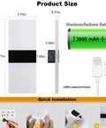 Rechargeable Battery Powered Wall Sconce Pair With Touch Dimming, dimensions, 3600 mAh battery, USB charging, and installation guide.