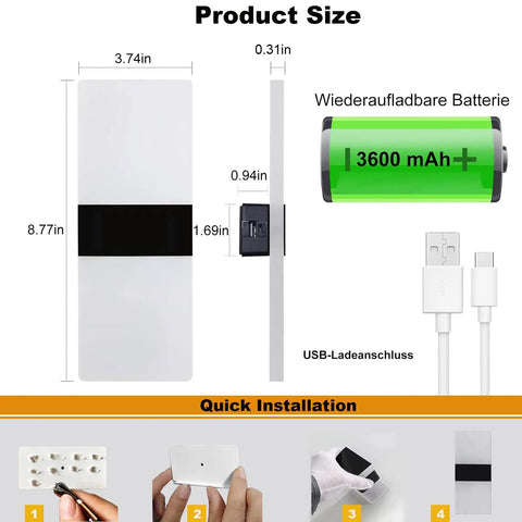 Rechargeable Battery Powered Wall Sconce Pair With Touch Dimming, dimensions, 3600 mAh battery, USB charging, and installation guide.