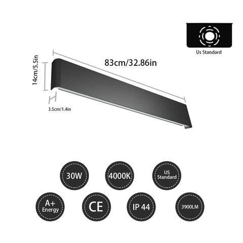 Modern Black Bathroom Vanity Light 32 Point 6 Inch 30W Up And Down Indoor Wall Fixture 4000K Natural White IP44 Waterproof