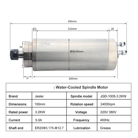 3.2kw Water Cooled Cnc Spindle Motor With Er20 Collet For Heavy Duty Engraving Milling And Drilling showing dimensions and specifications.