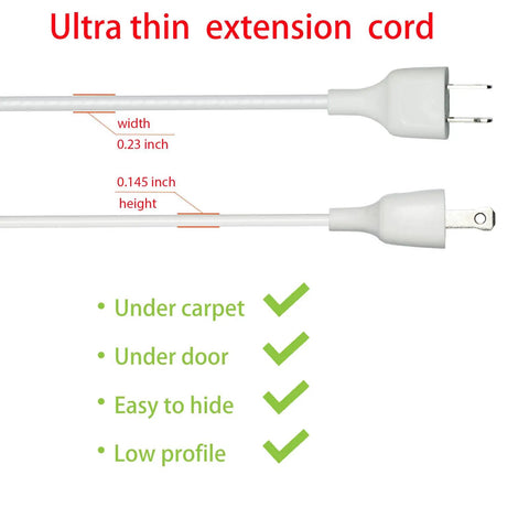 Ultra Slim Flat 10 Foot Extension Cord White Two Prong Indoor Outdoor Power Cable With Single Outlet Great For Christmas Lights Lamps Cameras And Household Appliances Model 002 1 Pack shown with flat design detail.