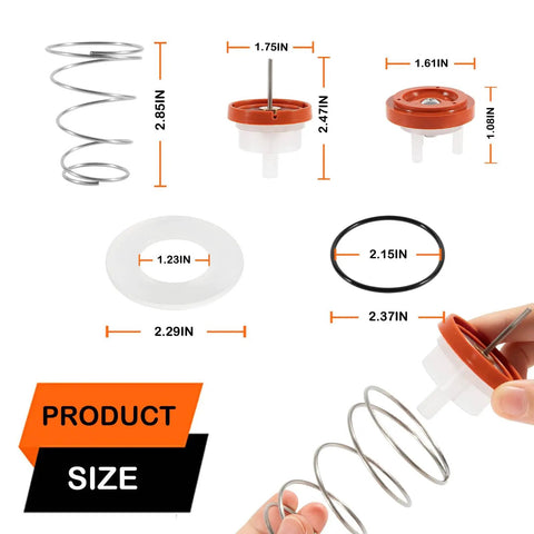 Repair Kit for 720A Pressure Vacuum Breaker Backflow Preventer Compatible with One Half Inch Three Quarter Inch and One Inch Models RK1 720A DIY Friendly Replacement Parts for Quick Freeze Damage Repair and Easy Install showing bonnet washer, spring, and O-ring with dimensions