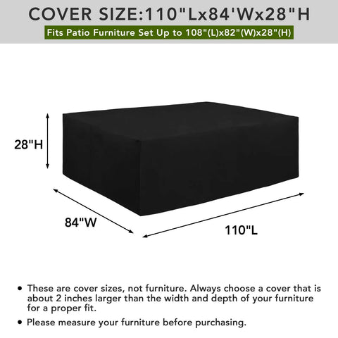 Heavy Duty 600D All Weather Patio Furniture Cover for Rectangular Tables and Chair Sets, 110L x 84W x 28H, black
