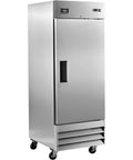 Heavy Duty One Door Reach In Freezer Boasting Hella Roomy Twenty Three Cubic Foot Capacity With Rock Solid Stainless Steel Construction And Smooth Rolling Casters, stainless steel finish, front view.