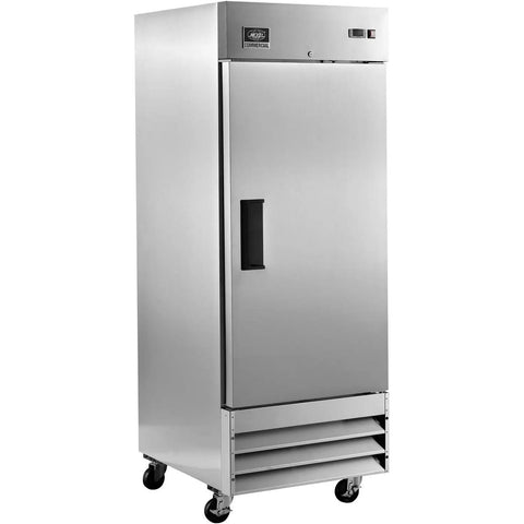 Heavy Duty One Door Reach In Freezer Boasting Hella Roomy Twenty Three Cubic Foot Capacity With Rock Solid Stainless Steel Construction And Smooth Rolling Casters, stainless steel finish, front view.