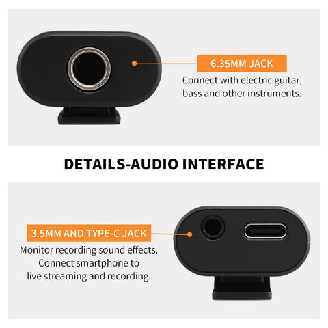 Pocket Guitar Audio Interface for On The Go Recording 24Bit 48kHz Sound Card with Type C and Lightning Plug, input jacks detail