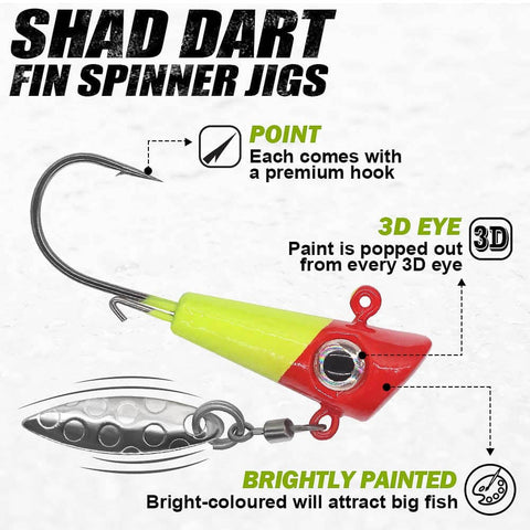 Underspin Shad Dart Jig Head With Bucktail And Spinner Lure Go To Choice Available In One Sixteen Ounce One Eighth Ounce One Quarter Ounce One Inch Body 25 Pack For Freshwater And Light Saltwater Angling, featuring premium hook, 3D eye, and bright paint.