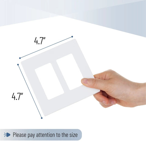 Hand holding a screwless decorator wall plate two gang white cover 4 pack no visible screws clean look easy install size shown 4.7x4.7 inches
