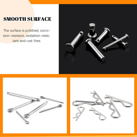 All In One 122 Piece Cotter Pin Kit In 15 Sizes Including M1.5 M2 M3 M4 M6 M8 Made From 304 Stainless Steel With Cotter Pins R Shaped Pins And Clevis Pins For Automotive Repairs And Mechanical Projects Gearhead Approved displayed on black background