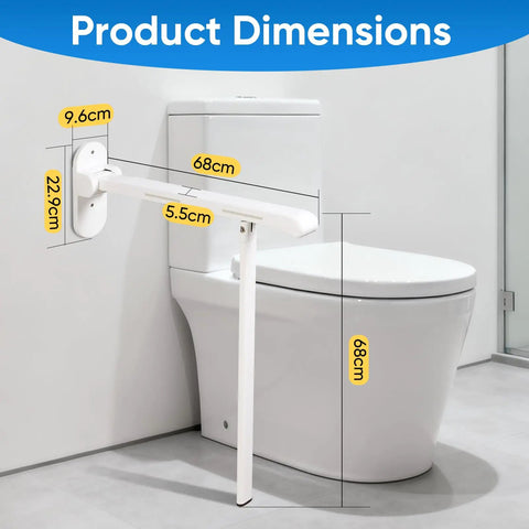 Premium 26 Inch Flip Up Toilet Grab Bar With Sturdy Support Leg And Glowing Night Strips For Non Slip Rock Solid Wall Mounted Bathroom Safety Gear dimensions showing white steel rail and measurements.